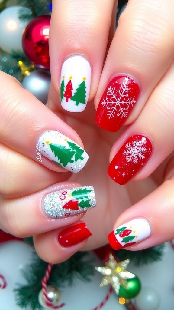 A close-up of festive Christmas nail art with snowflakes and Christmas trees in red and green colors.